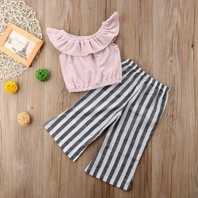 

2018 Fashion Kids Baby Girls Stripe Off Shoulder Crop Top Long Wide Leg Pants Outfits Clothes