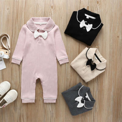 

UK Newborn Baby Girl Long Sleeve Knitted Bow Doll Collar Jumpsuit Winter Clothes