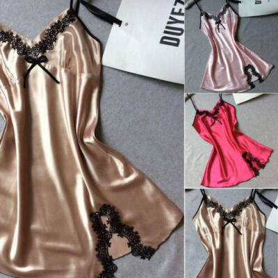 

New Womens Satin Silk Sleepwear Pajamas Nightdress Lingerie Night Dress Skirt Y