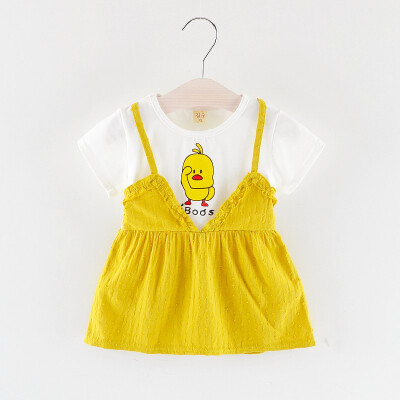 

Summer Baby Girl Dress Princess Fake 2 Piece Toddler Animal Duck Pattern Short Sleeve Cotton Cute Dress Fashion