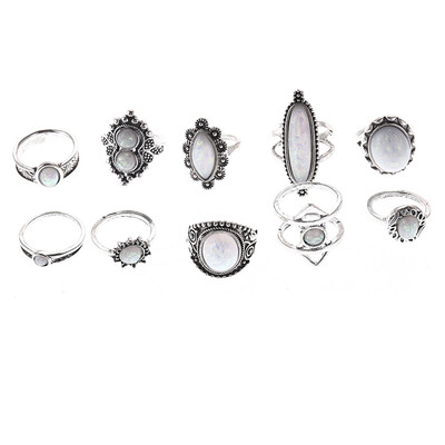 

Punk Female Big Opal Ring Set Retro Antique Silver Lucky Arrow Midi Finger Rings for Women Stone Vintage Jewelry 10 PCSLot