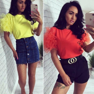 

Fashion Women Summer Tulle Ruffle Short Sleeve T Shirt Ladies Loose Casual Blouse Top