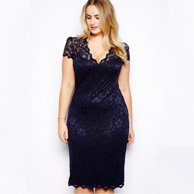 

New Fashion Women Midi Dress V-Neck Floral Lace Plus Size Bodycon Pencil Dress Dark Blue