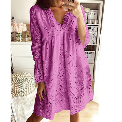 

Tailored Women Boho Solid V-Neck Dresses Hollow Out Splice Long Sleeve Mid-Long Dresses