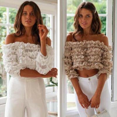 

Women Sheer Blouse Ruffle Puff Long Sleeve T-Shirt Loose Casual Lady Crop Top US