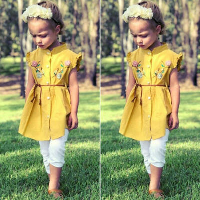 

US Sweet Kids Toddler Baby Girl Ruffle Flower Dress Casual Clothes Outfit Summer