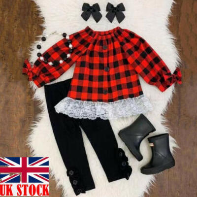 

UK 2PCS Toddler Kids Baby Girls Lace Plaid Tops Pants Christmas Outfits Clothes