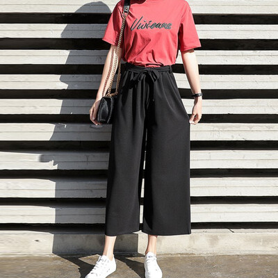 

Pants Women Casual Office Lady Loose Chiffon Wide Leg Pants Elastic High Waist Trousers Women Solid Pants pantalones mujer