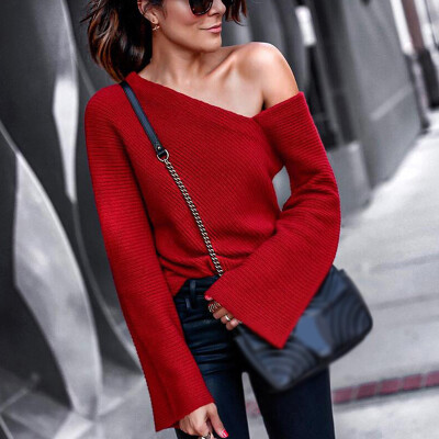 

Women Knitted Shirt Tops Long Sleeve Single Off Shoulder Casual Blouse Pullovers