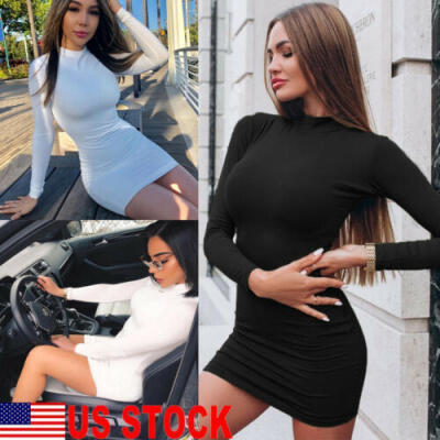 

Women Bandage Bodycon Long Sleeve Thicken Turtleneck Pullover Sweater Mini Dress