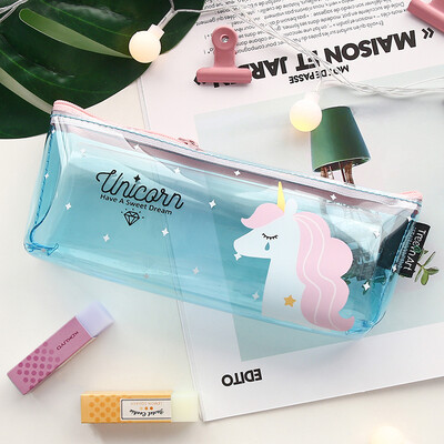 

PVC Korean Transparent Zipper Unicorn Pencil Pouch for Teen Girls School Supplies Stationery