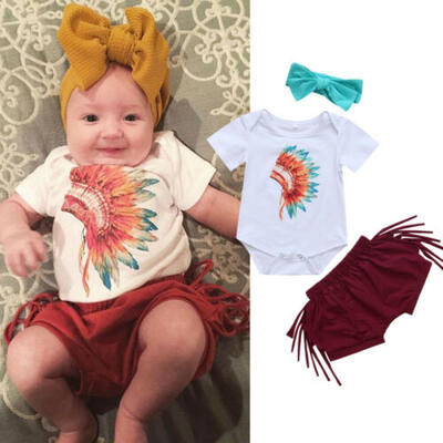 

UK Infant Baby Girls Gypsy Outfits Set Romper Short Pants Headband Clothes 0-24M