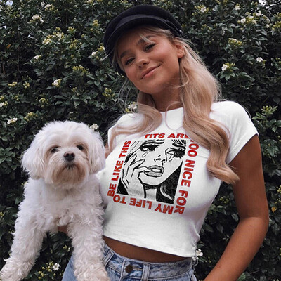 

T shirt Woman Spring Summer Girls Print Short Sleeve O Neck Cotton Spandex Women Top Slim Fit Soft Women