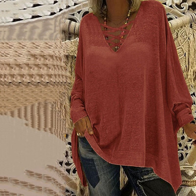 

Women Casual Loose V-collar Long sleeved Bat Sleeve Shirt