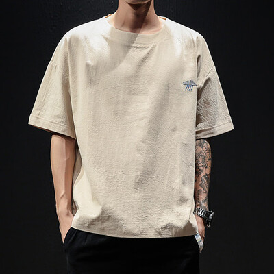 

Toponeto Mens Summer Casual Embroidery Cotton Linen O-neck Short Sleeve T-Shirts Tops