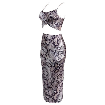 

Sexy Women Two Piece Set Snake Skin Print Crop Tank Top Long Skirt Bodycon Suit