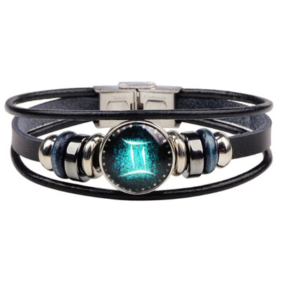 

Retro 12 Zodiac Constellation Beaded Hand Woven Leather Bracelet Punk Chain Cuff