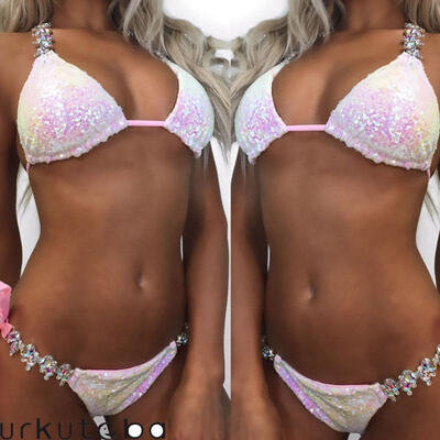 

Urkutoba Summer Women Sequins Diamond Bikini Push Up Monokini Bathing Swimwear