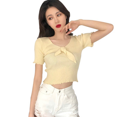 

Summer Female Harajuku T-shirt Sexy V Neck Solid Short Sleeve tshirt Knitted t shirt Women with Bow