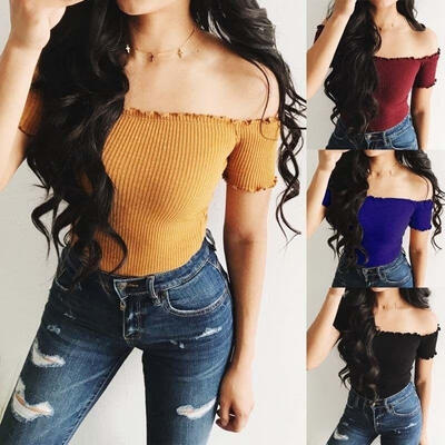 

Fashion Women Off Shoulder Crop Top Long Sleeve Shirt Blouse Sweater T-shirt