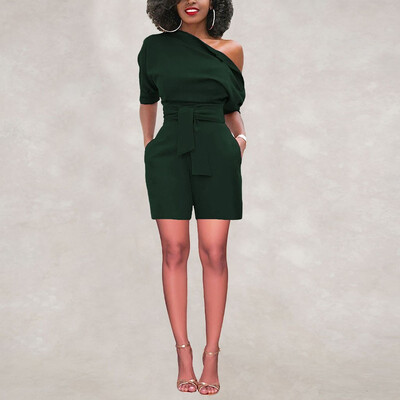 

Starmoon Womens Sexy Solid Off Shoulder Short Sleeve With Belt Slim Playsuits