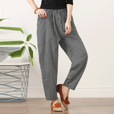 

Tailored Womens Cotton And Linen Plus Size Stripe Easy Haren Pants Broad Leg Pants