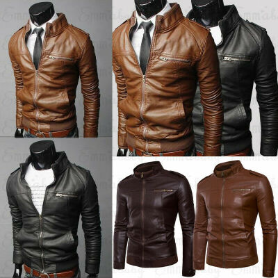 

US New Mens Fashion Jackets Collar Slim Motorcycle Leather Jacket Coat Outwear