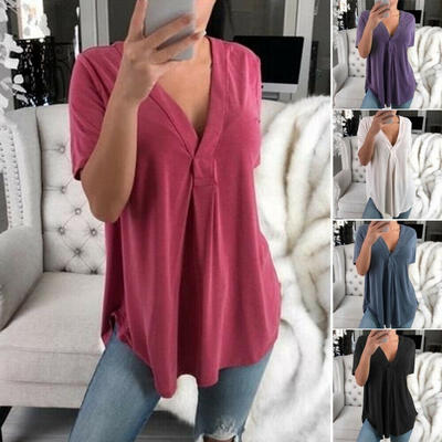 

Ladies Plus Size V-neck Short Sleeve T-shirt Tops Casual Blouse Summer Tunic Tops
