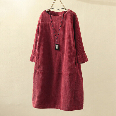 

Tailored Women Vintage Pockets Corduroy Solid Color Long Sleeve Loose Casual Dress