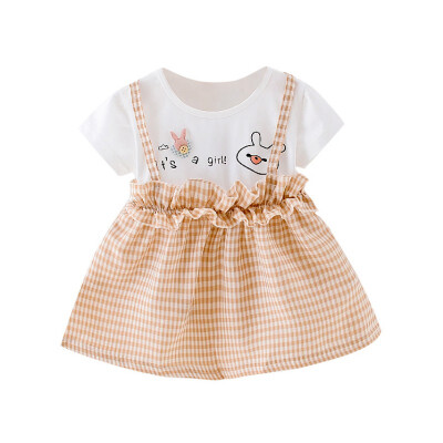 

0-24M 1PC Children Baby Summer Girls Cute Plaid Fake Two Piece Bottoming Short Sleeved Sweet Casual Princess Dress