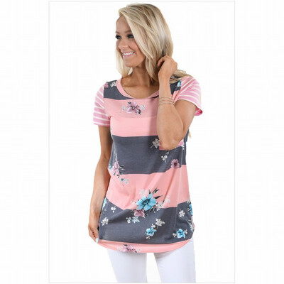 

Multicolor round neck short sleeve coral lace stripe casual chic straight top