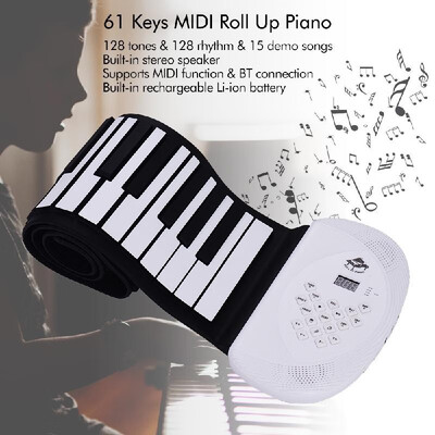 

61 Keys MIDI Roll Up Piano Electronic Silicon Keyboard Built-in Stereo Speaker 1200mA Li-ion Battery Support BT Connection Record