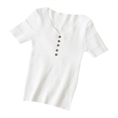 

Solid Short Sleeve Summer Tee Top Women V-collar Concise T-shirts femme Personality All-match streetwear