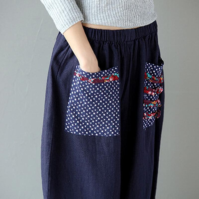 

Vintage Women Ethnic Splicing Harem Pants Elastic Waist Wide Leg Trousers Baggy Loose Cotton Linen Pants