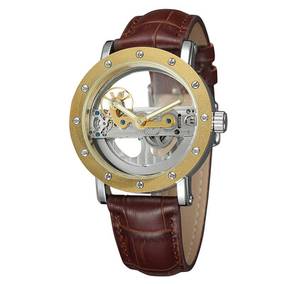 

FORSINING high-grade waterproof leather steel belt double through hollow automatic mechanical watch mens watch