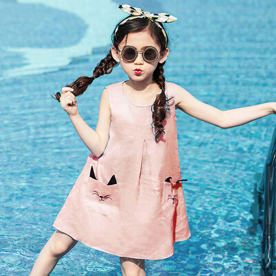 

Teen Kids Baby Girls Sleeveless Cartoon Kitty Pocket Princess Dress Outfits Set