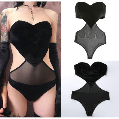 

Fashion Womens Velvet V Neck Mesh Patchwork Strapless Tube Bodysuit Cut Out Sleeveless Backless Romper Jumpsuit Leotard