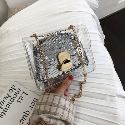 

Tailored Womens Fashion Jelly Transparent Bag Square Package Sequin Chain Messenger Bag