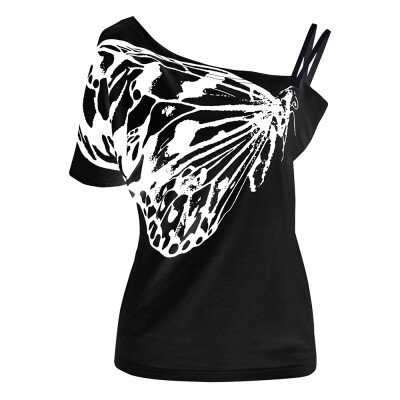 

Skew Collar Butterfly Print T-Shirt