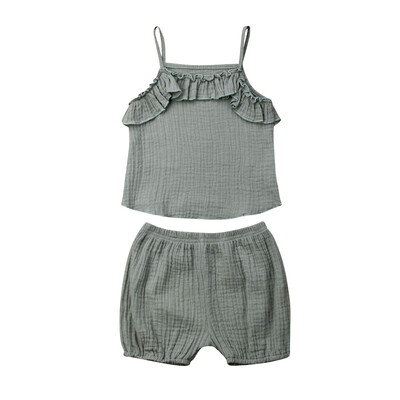 

2PCS Newborn Baby Girls Cotton linen Strap TopsShorts Summer Outfits Set 0-3Y