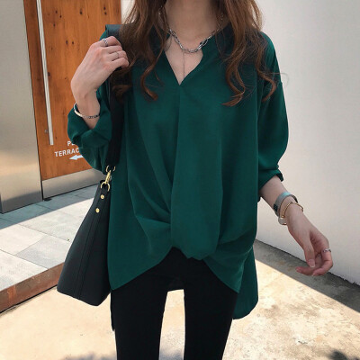 

Tailored Women Plus Size Casual Solid Blouse V-neck Loose Shirt Button Long Sleeve Tops