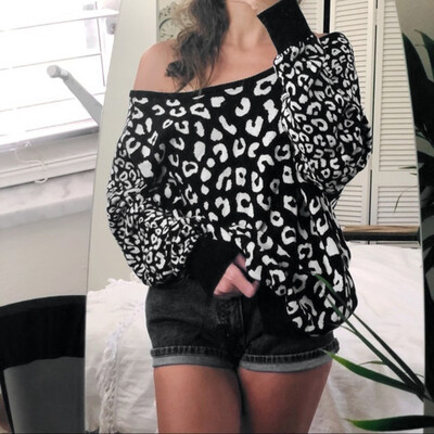 

Tailored Women Autumn Off Shoulder Long Sleeves Leopard Print BlouseTops Loose T-shirt
