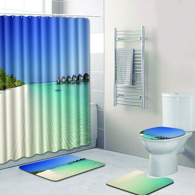 

Gobestart 4PCS Sea Style Non Slip Toilet Polyester Cover Mat Set Bathroom Shower Curtain