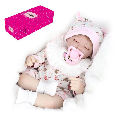 

Decdeal 16inch 40cm Reborn Baby Doll Lifelike Eyes Open Silicone Vinyl Cute Gifts Toy Pink Outfit with Lovely Cat Dress Rabbit Toy