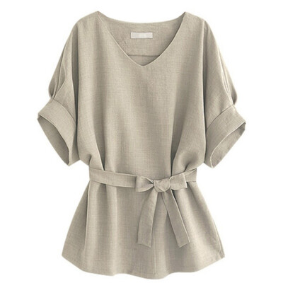 

Women Female Linen V-neck T-shirt Good Selling Short Batwing Sleeve Stylish Lose T-shirts