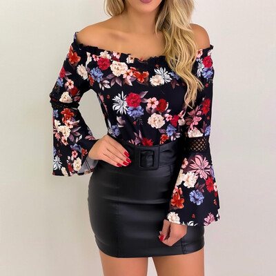 

Fashion Womens Casual Tops Long Sleeve Off Shoulder Floral Printed Blouse Shirts