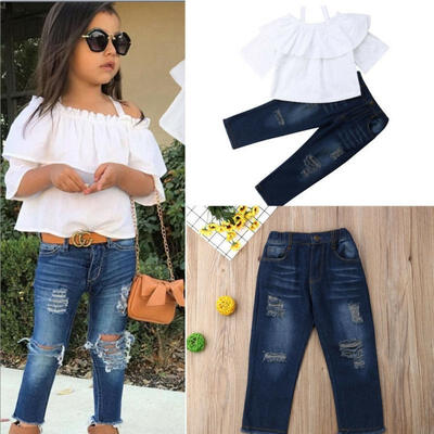 

Summer 2Pcs Baby Girls Cute Vest Tank TopsDenim Jeans Pants Outfits Clothes Set