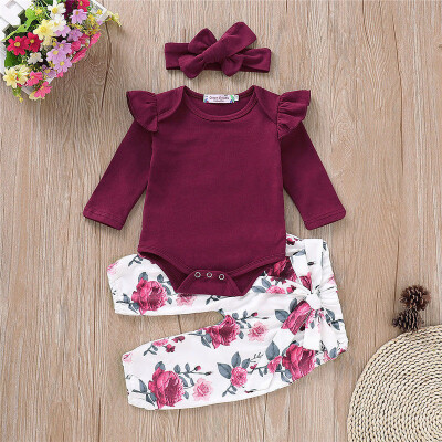 

3PCS Newborn Toddler Infant Kids Baby Girls Tops Romper Floral Pants Headband Cotton Outfits Set Clothes