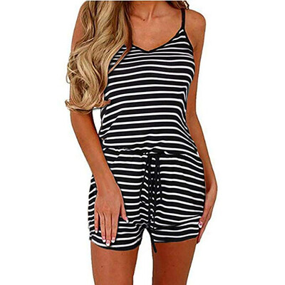 

Tailored Women Casual Spaghetti Strap Adjustable Waist Drawstring Short Jumpsuit Romper