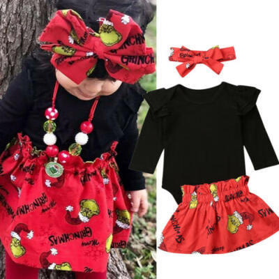 

3PCS Toddler Baby Girl Christmas Clothes Set Romper Tutu Skirt Xmas ELF Outfits